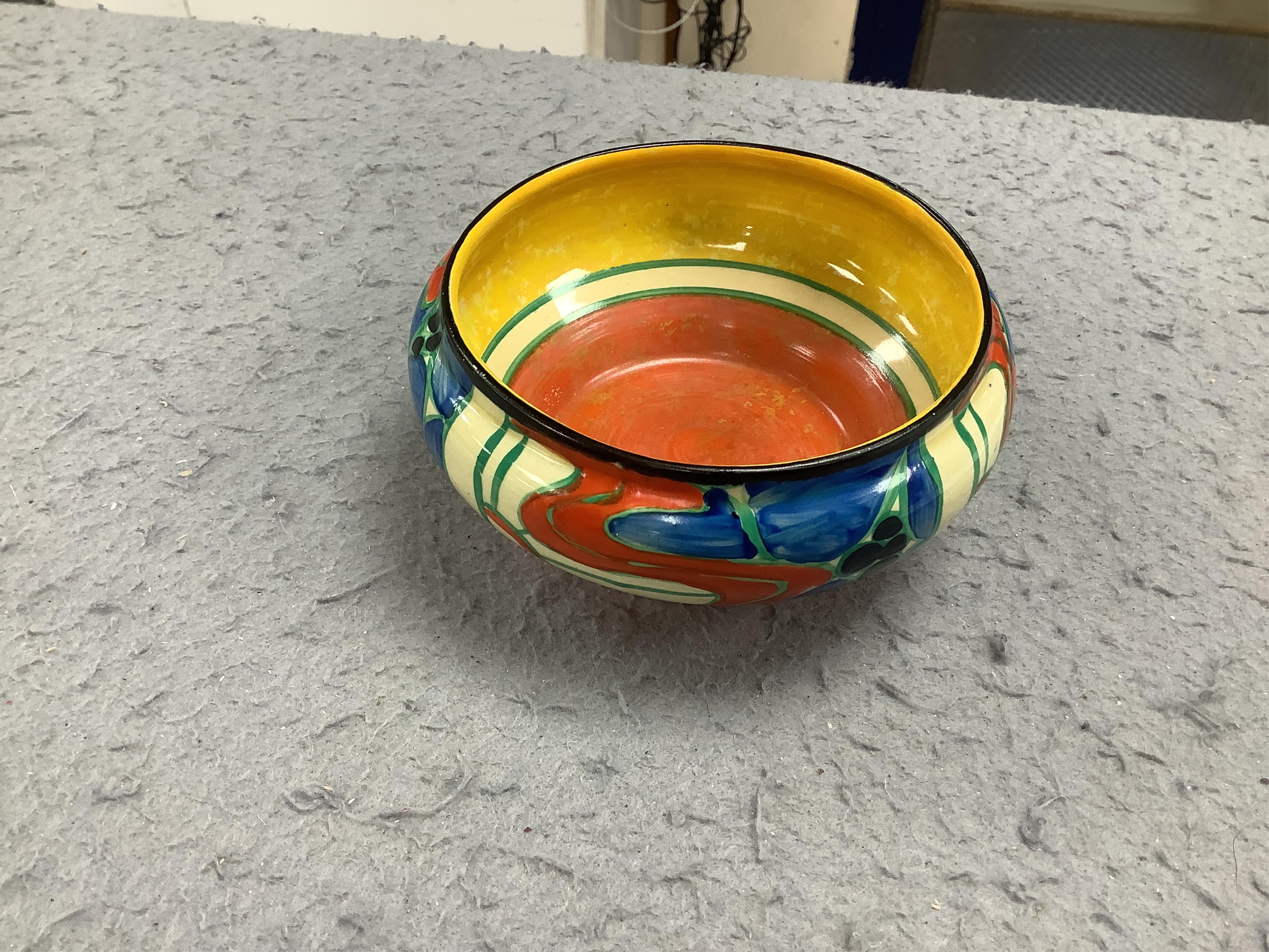 A small Clarice Cliff 'Fantasque' bowl, top rim 11cm diameter. Condition - minor chips to enamelling.